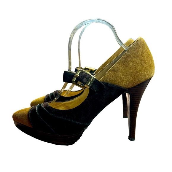Michael Kors Suede Camel/Brown Buckled Heels - Picture 2 of 12